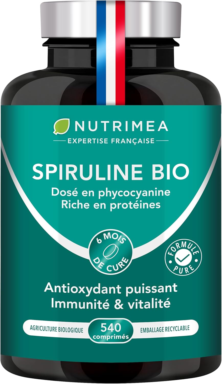 Spiruline BIO | 1500 mg | Sans Excipients & OGM | 19% de Phycocyanine | Nutrimea | 540 Comprimés Vegan | 6 Mois