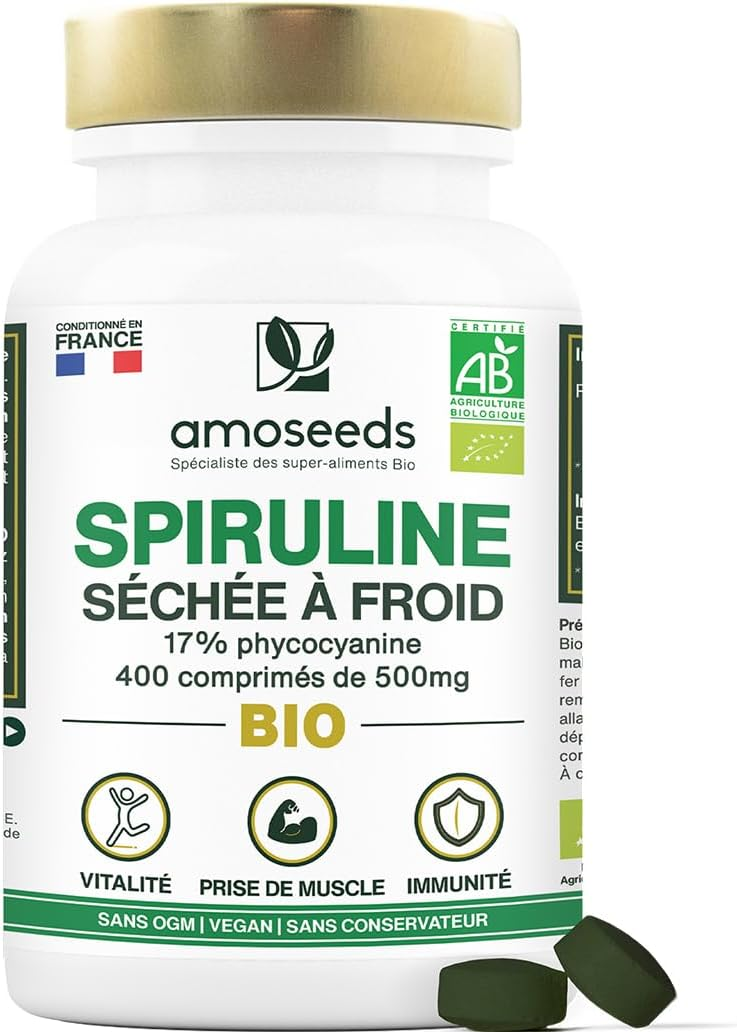 Spiruline BIO | Extra Forte, 4500mg / jour | Séchée à froid | 400 comprimés | 17% Phycocyanine | Anti-fatigue, Immunité