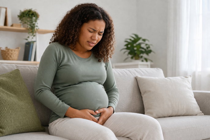 Pregnant woman experiencing lightning crotch | AI-generated image