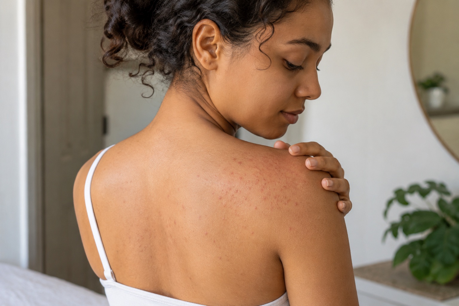 AI-generated image - Woman with fungal acne on shoulder and back