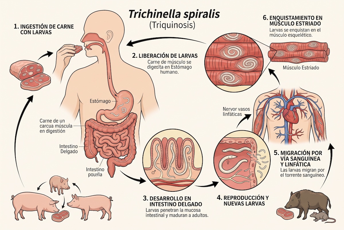 Imagen generada por IA - Ciclo de vida de la triquinosis. Imagen generada por IA