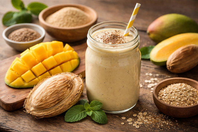 Mango pit with smoothie | AI-generated image