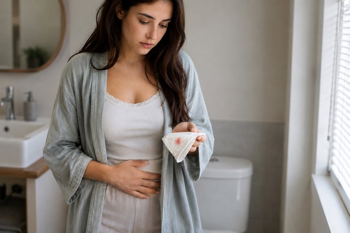 Woman assessing bleeding | AI-generated image