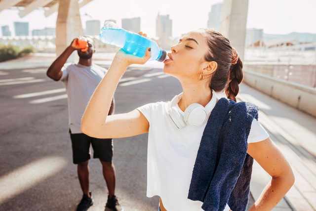 Une jeune femme et un homme buvant une boisson isotonique pendant une pause pendant un effort physiq