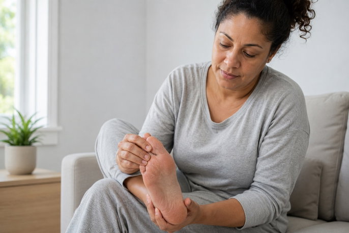 Woman observing pachyonychia on foot | AI-generated image
