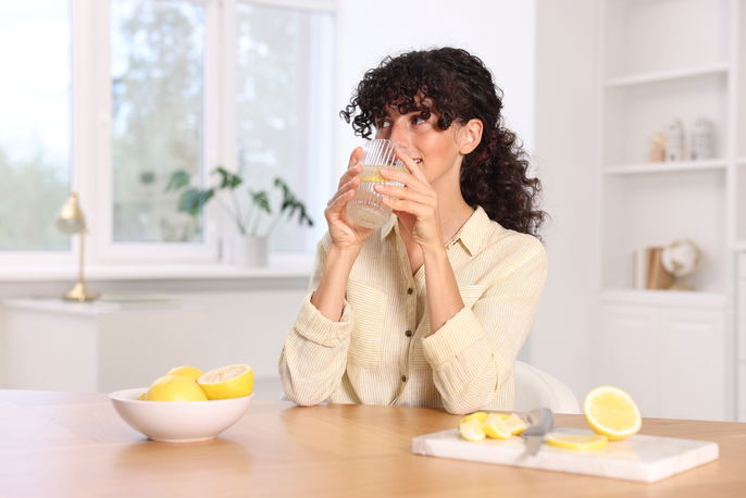 Woman drinking lemon water
