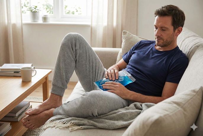 Man with icepack over groin, recovering from circumcision procedure