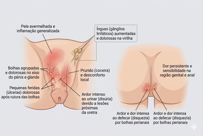 Ilustração médica educativa, gerada por IA, que apresenta os sintomas do herpes genital masculino at