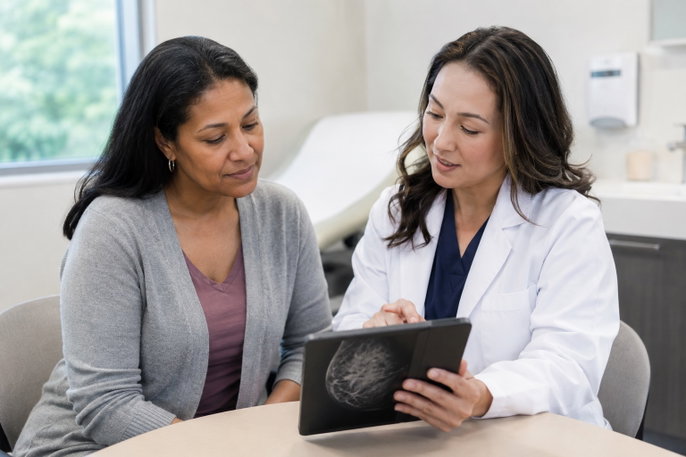 Doctor discussing breast exam results with patient | AI-generated image