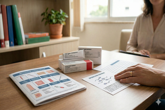 lustração médica educativa de estilo textbook, gerada por IA, que apresenta diversos métodos contrac