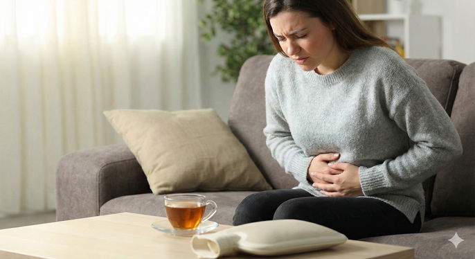 Woman experiencing stomach pain | This image was generated with AI