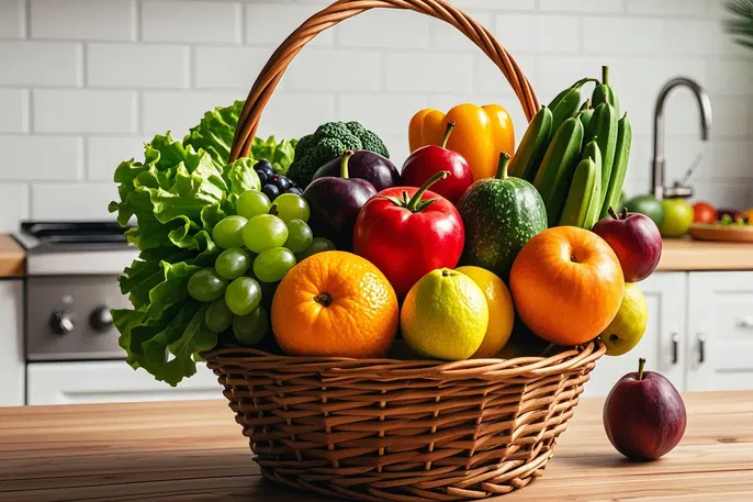 Cesta de frutas y verduras ricas en boro