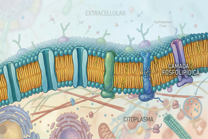 Ilustração educativa de estilo textbook, gerada por IA, que apresenta a estrutura da membrana celula