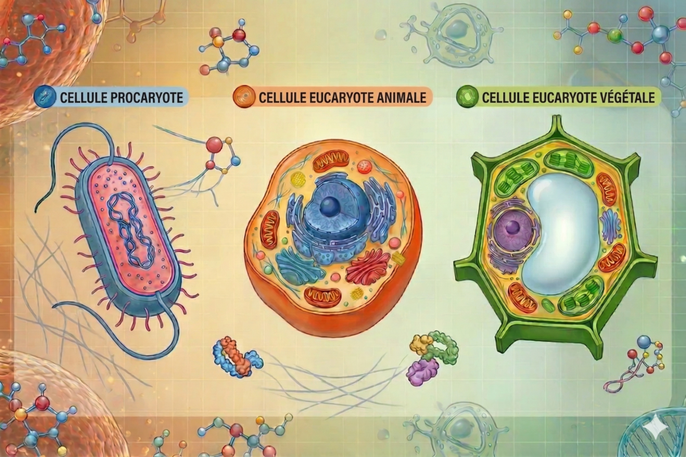 Illustration médicale à visée pédagogique, générée par IA, montrant la structure et les organites de