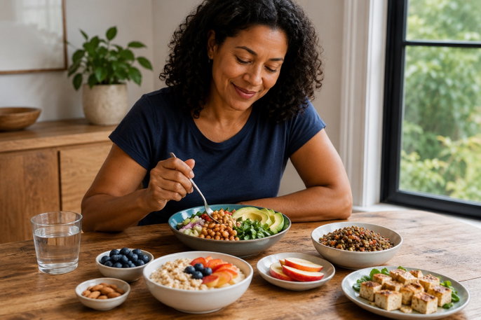 Woman eating a portfolio diet meal | AI-generated image