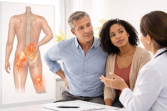 Couple discussing spondyloarthritis with doctor | AI-generated image