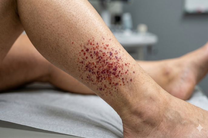 Ilustración médica de petequias en la parte inferior de la pierna y el tobillo de una persona, en un