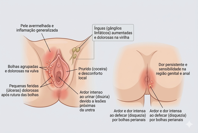 Ilustração médica educativa, gerada por IA, que apresenta os sintomas do herpes genital feminino atr