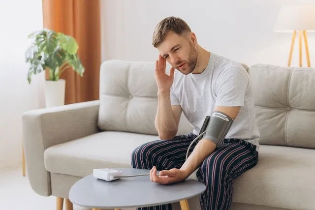 Hombre midiéndose la presión arterial en casa