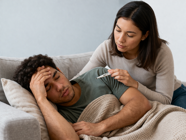 Woman checking son's temperature | AI-generated image