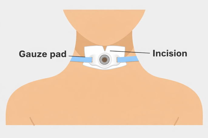 close up of tracheostomy with incision and gauze pad labeled