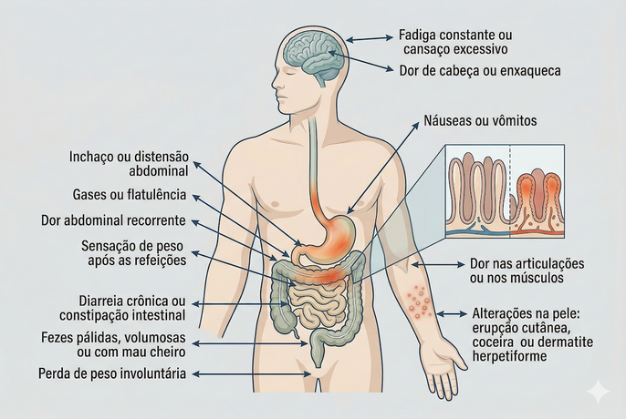 Ilustração médica educativa de estilo textbook, gerada por IA, que apresenta os sintomas da intolerâ