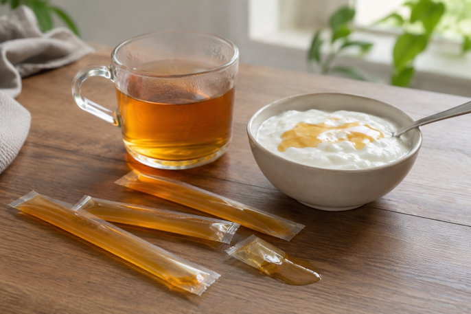 Honey packets mixed in tea and yogurt | AI-generated image