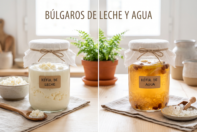 Búlgaros de leche y agua. Imagen generada por IA