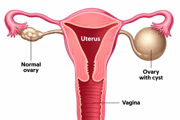 diagram of female reproductive system with cyst on ovary