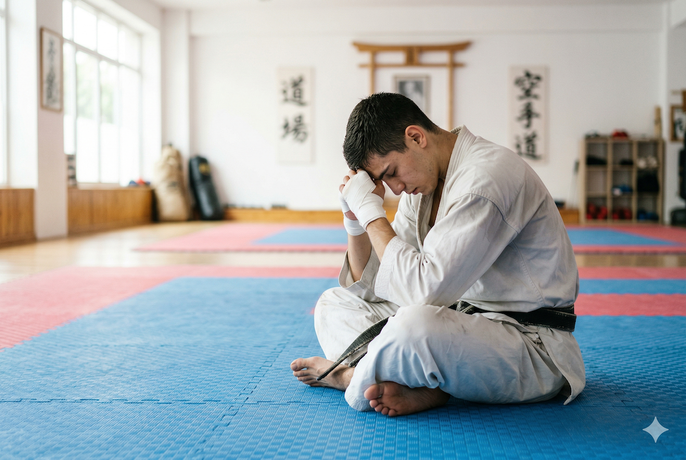 Atleta karateca sufriendo de Síndrome de RED-S. Imagen generada por IA