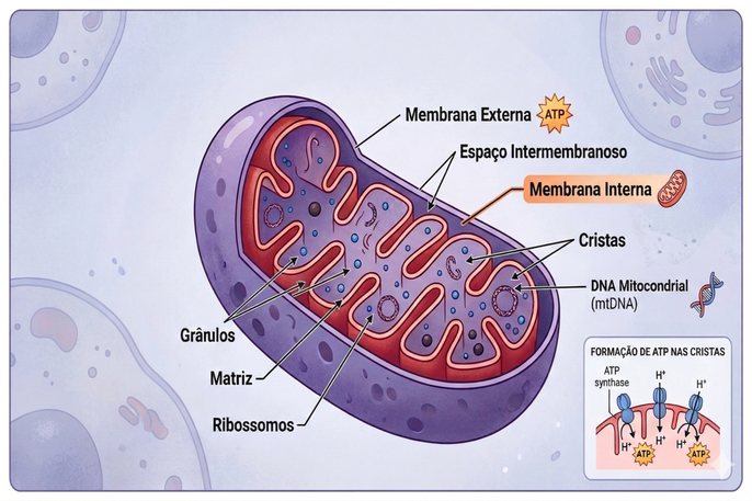 Ilustração médica educativa de estilo textbook, gerada por IA, que apresenta detalhadamente a estrut