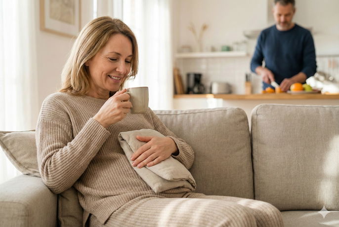 Woman recovering from umbilical hernia surgery | AI-generated image