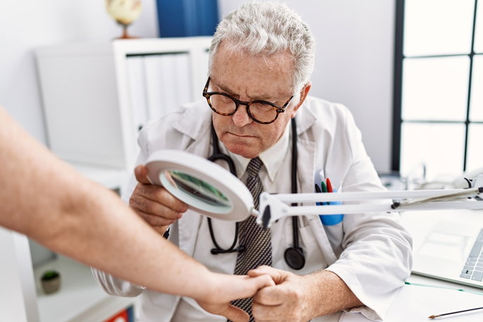 dermatologist examining a patient's skin with a magnifying device