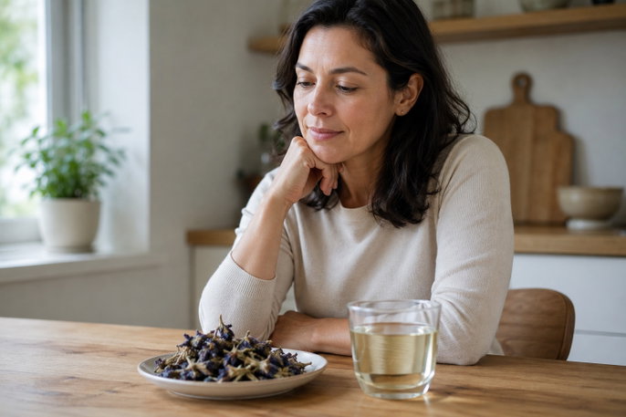 Woman contemplating duck flower detox | AI-generated image