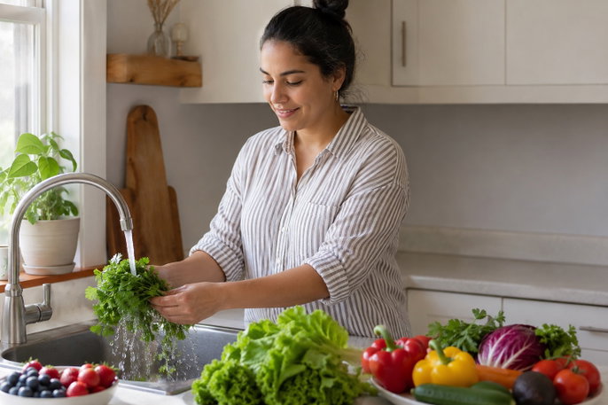 Woman washing produce | AI-generated image