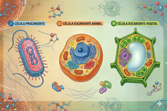 Ilustração médica educativa, gerada por IA, que apresenta a estrutura e organelas de cada tipo de cé