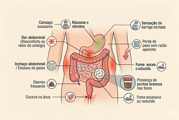 Ilustração médica educativa de estilo textbook, gerada por IA, que apresenta detalhadamente os sinto