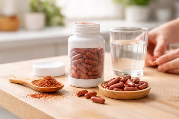 Red yeast rice powder and capsules | AI-generated image