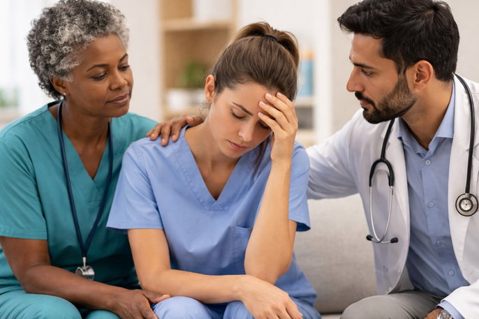 Health care providers supporting co-worker | AI-generated image