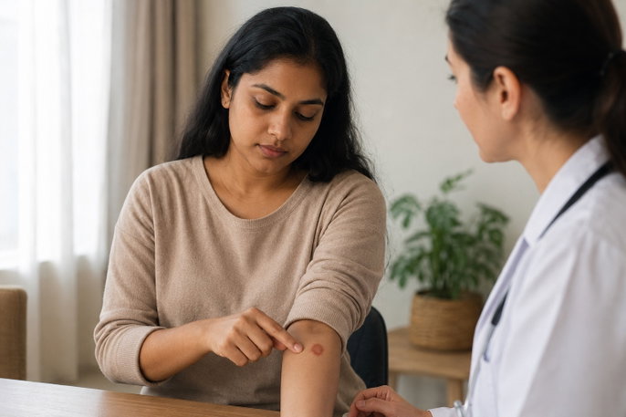 Woman reporting fixed drug eruption on forearm to doctor | AI-generated image