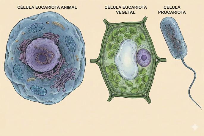 Imagen de células eucariota animal y vegetal y procariota generada con IA
