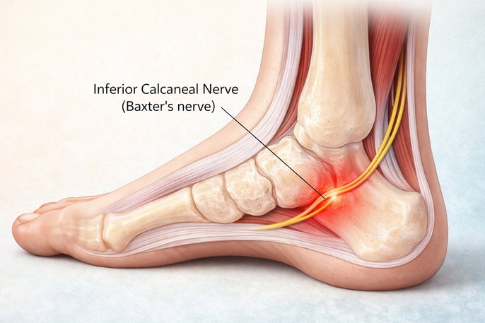 Baxter's nerve entrapment showing compression of the inferior calcaneal nerve | AI-generated image