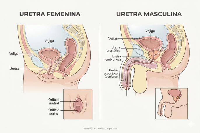 Imagen ilustrativa de la uretra femenina y masculina generada por IA