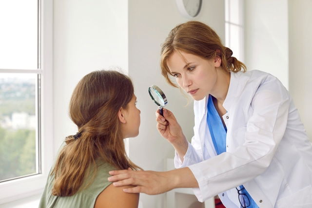 Médica examinando o rosto de uma menina durante a consulta