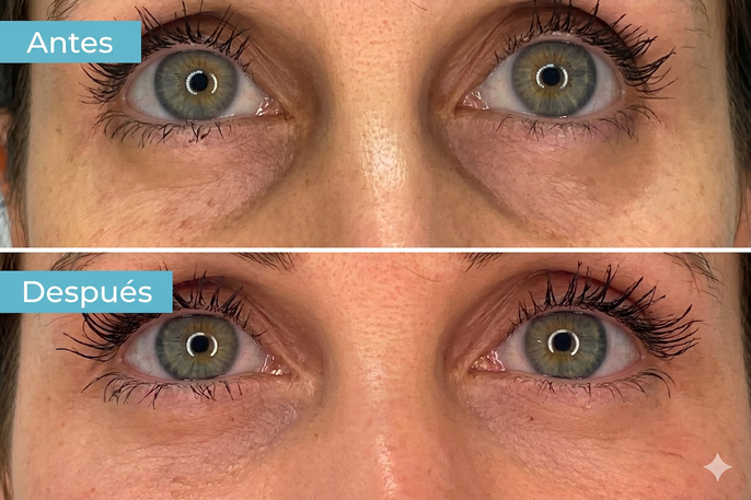 Antes y después de la carboxiterapia en ojeras generada por IA