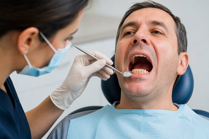 Dentist assessing calculus bridge | AI-generated image
