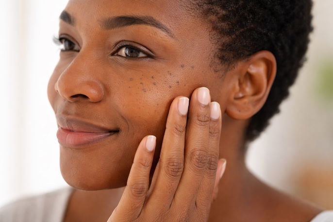 Woman with dermatosis papulosa nigra | AI-generated image