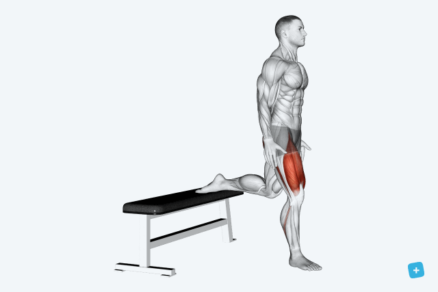 woman with back leg up on the couch and bending into the front leg