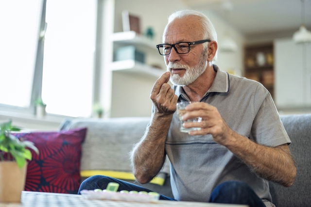 Hombre mayor tomando medicamento con un vaso de agua