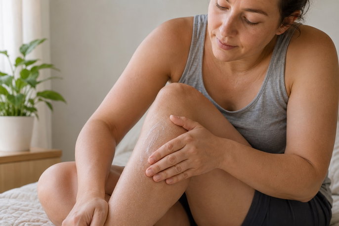 Femme appliquant une crème sur peau sèche | Image générée par IA